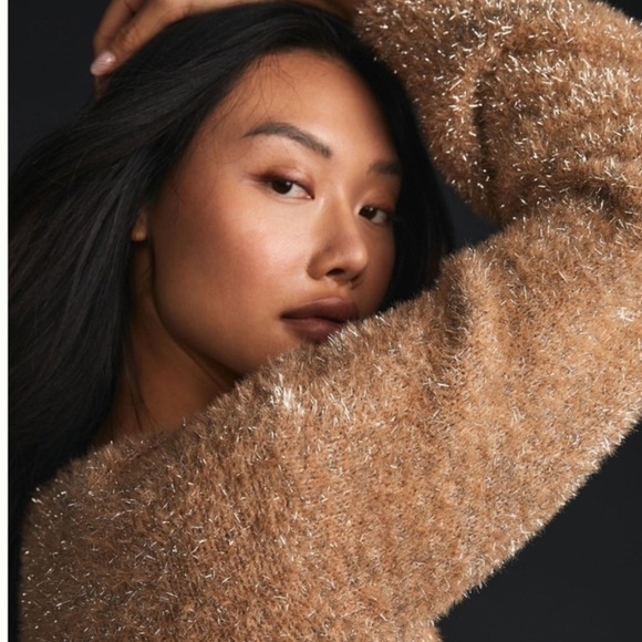 Anthropologie Maeve Tinsel Eyelash Sweater in Sand Tan Silver Size XL - Picture 12 of 14